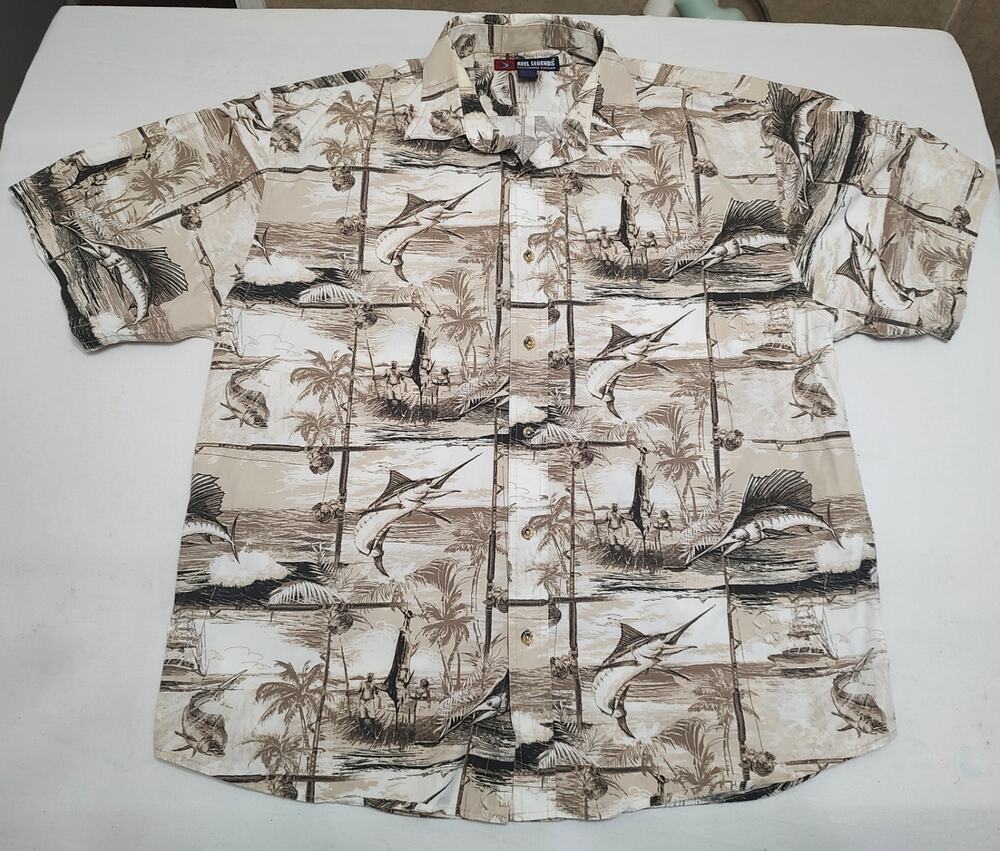 Reel Legends Performance - Brown marlin and fishing rod graphic Button Shirt XXL